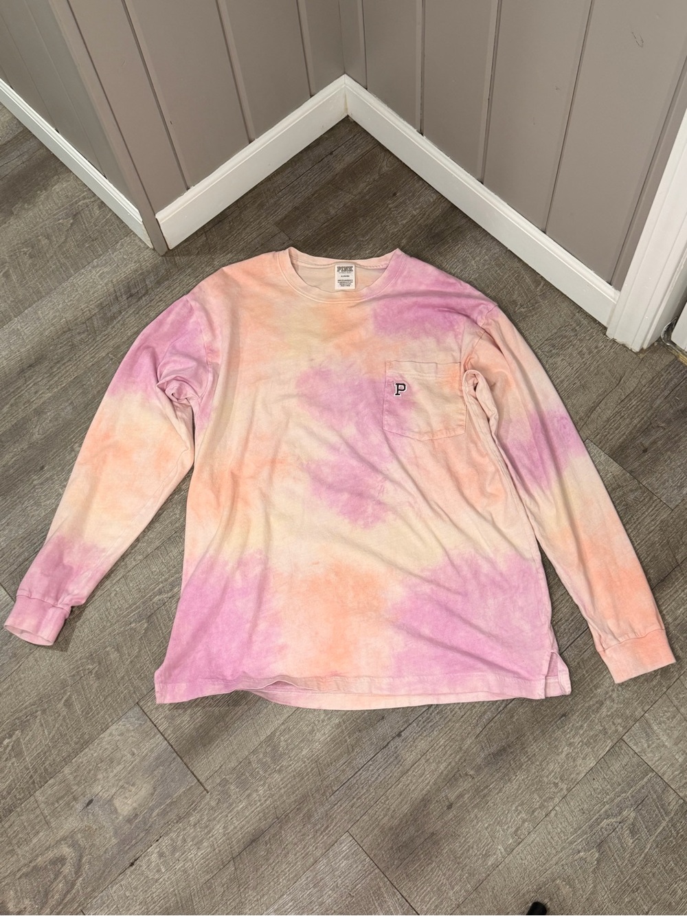 Victoria's Secret Pink Campus Pocket Long Sleeve Tee Color Tie Dye Size Medium